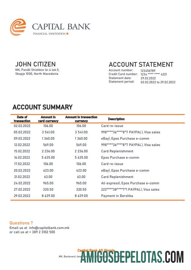 North Macedonia Capital modelo de extrato bancário